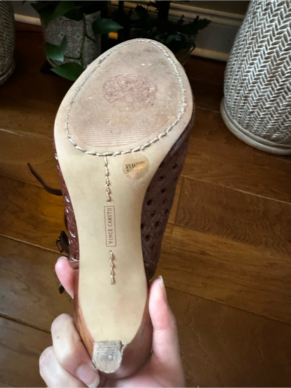 Vince Camuto Brown Perforated Leather Peep-Toe Ankle Strap Heels - Picture 4 of 9
